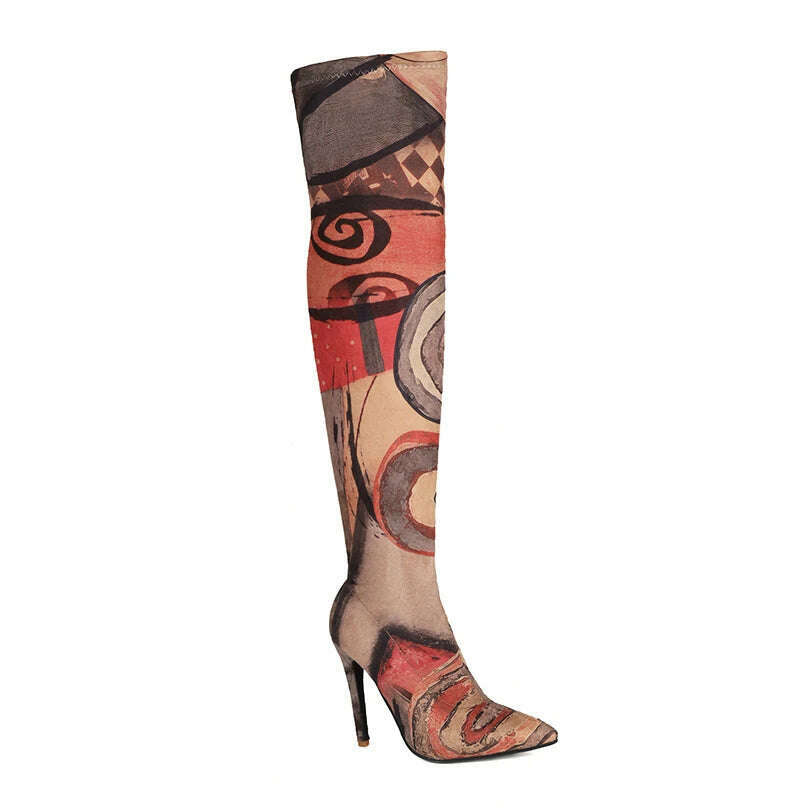 KIMLUD, Plus Size Art Graffiti Over Knee Boots Pointed Toe Ultra-High Fine Heel Elastic Fabric Material Women's Long Boots Printed Boots, Red / 34 / CHINA, KIMLUD Womens Clothes