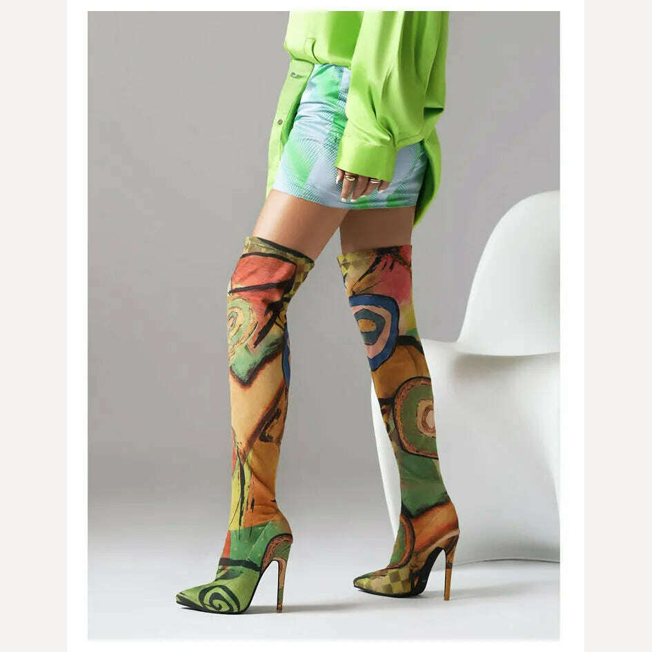 KIMLUD, Plus Size Art Graffiti Over Knee Boots Pointed Toe Ultra-High Fine Heel Elastic Fabric Material Women's Long Boots Printed Boots, KIMLUD Womens Clothes