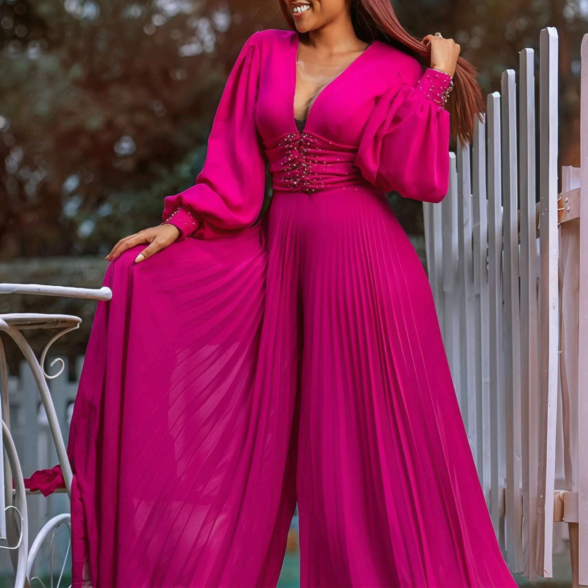 KIMLUD, Plus Size Beaded Mesh Fashion Casual Loose Wide Leg African Jumpsuit for Women Pleated Romper Long Pants Ankara Dashiki Overalls, Rose / M, KIMLUD APPAREL - Womens Clothes