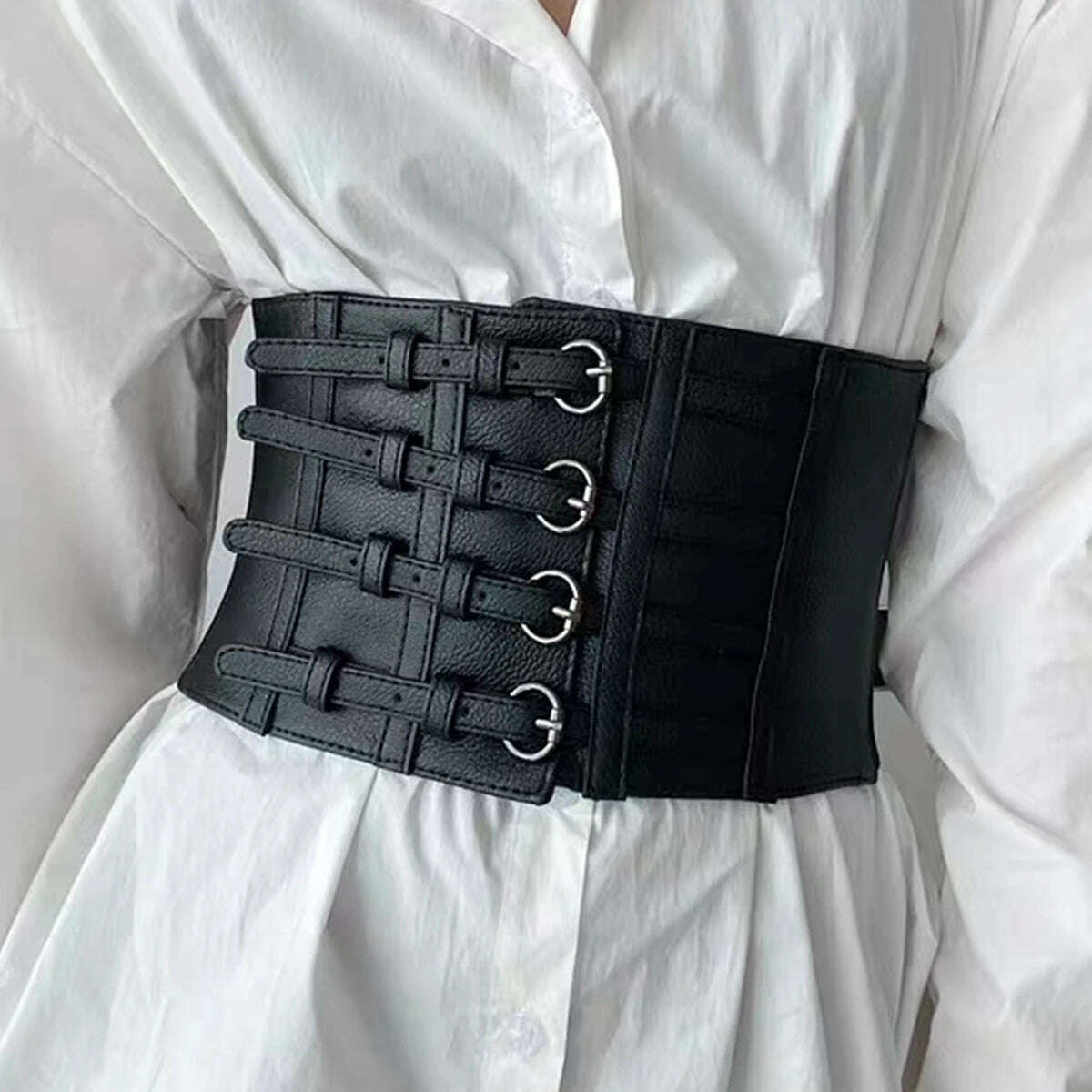 KIMLUD, Plus Size Black Leather Wide Y2K Elastic Corset Belt Female Stretch Cummerbunds Designer Belts For Women High Quality Waistband, KIMLUD Women's Clothes