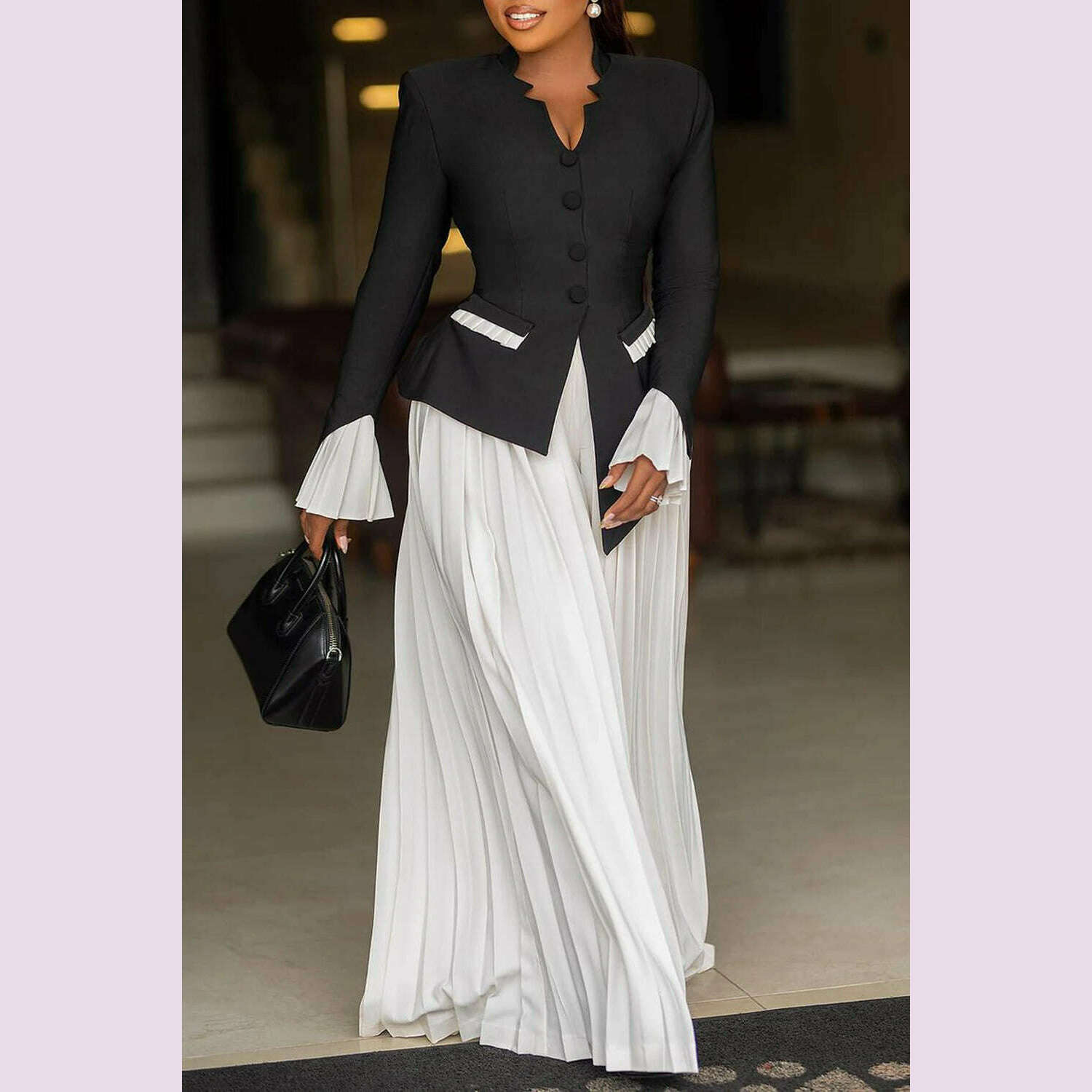 KIMLUD, Plus Size Business Casual Black V Neck Long Sleeve Pleated Pocket Two Piece Pants Sets, KIMLUD Womens Clothes
