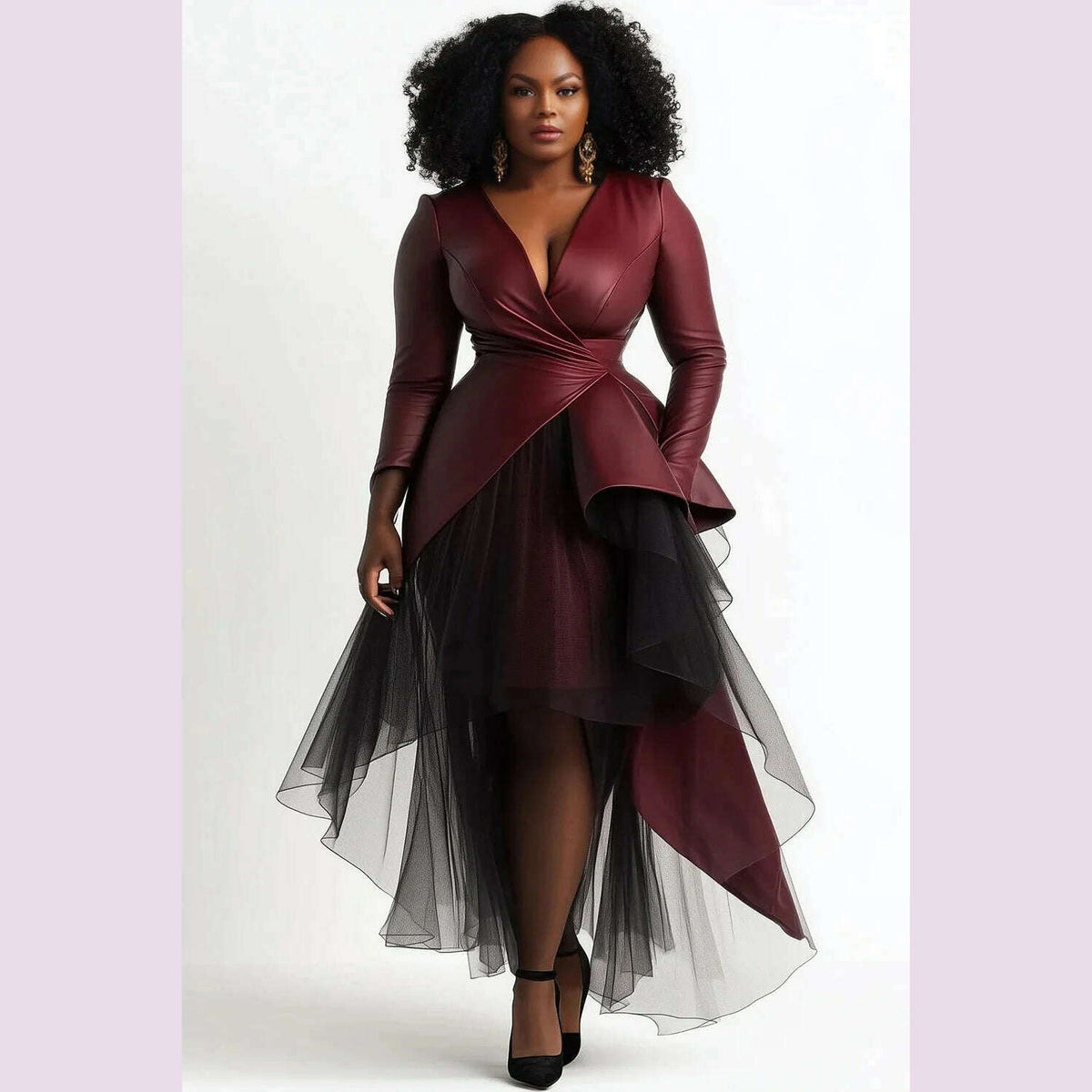 Plus Size Contrast Collared Neck Long Sleeve Midi Dress