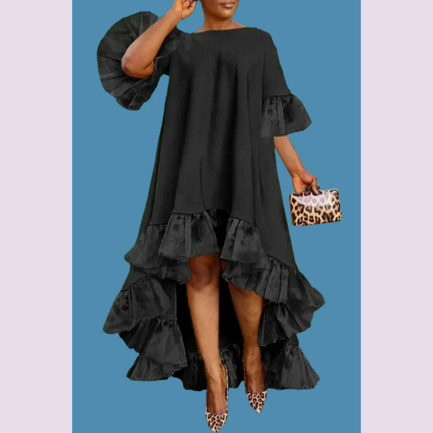 KIMLUD, Plus Size Holiday Party Dress with Ruffle Edge Sleeves Irregular Lace Splicing Hem Dresses Summer Women's Vacation Dress 2024, KIMLUD Womens Clothes