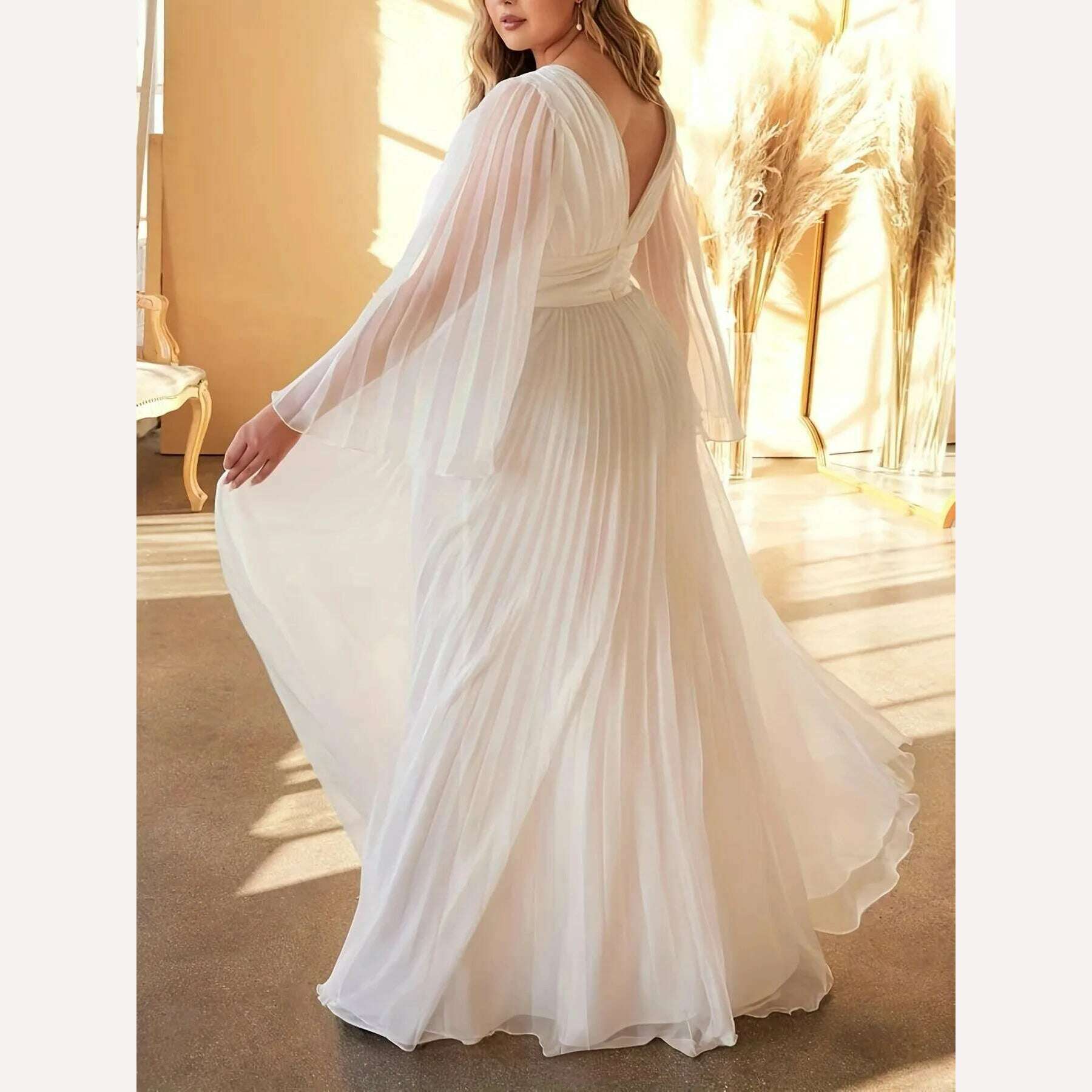 Plus Size Pleated Elegant Dress Female Solid V Neck Clothing Luxury Dinner Evening Long Robe 2024 Spring Women Party Dress - KIMLUD