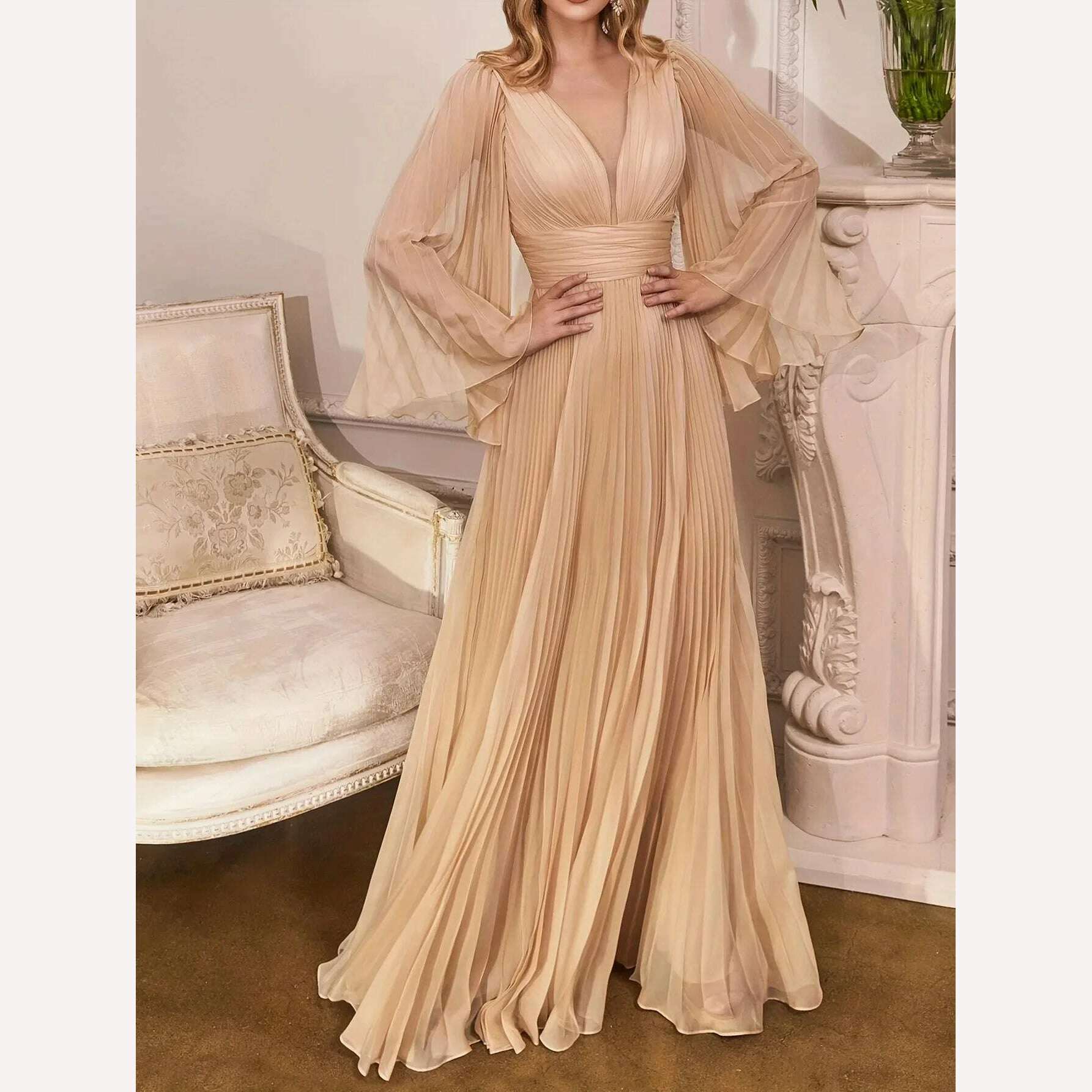 Plus Size Pleated Elegant Dress Female Solid V Neck Clothing Luxury Dinner Evening Long Robe 2024 Spring Women Party Dress - KIMLUD