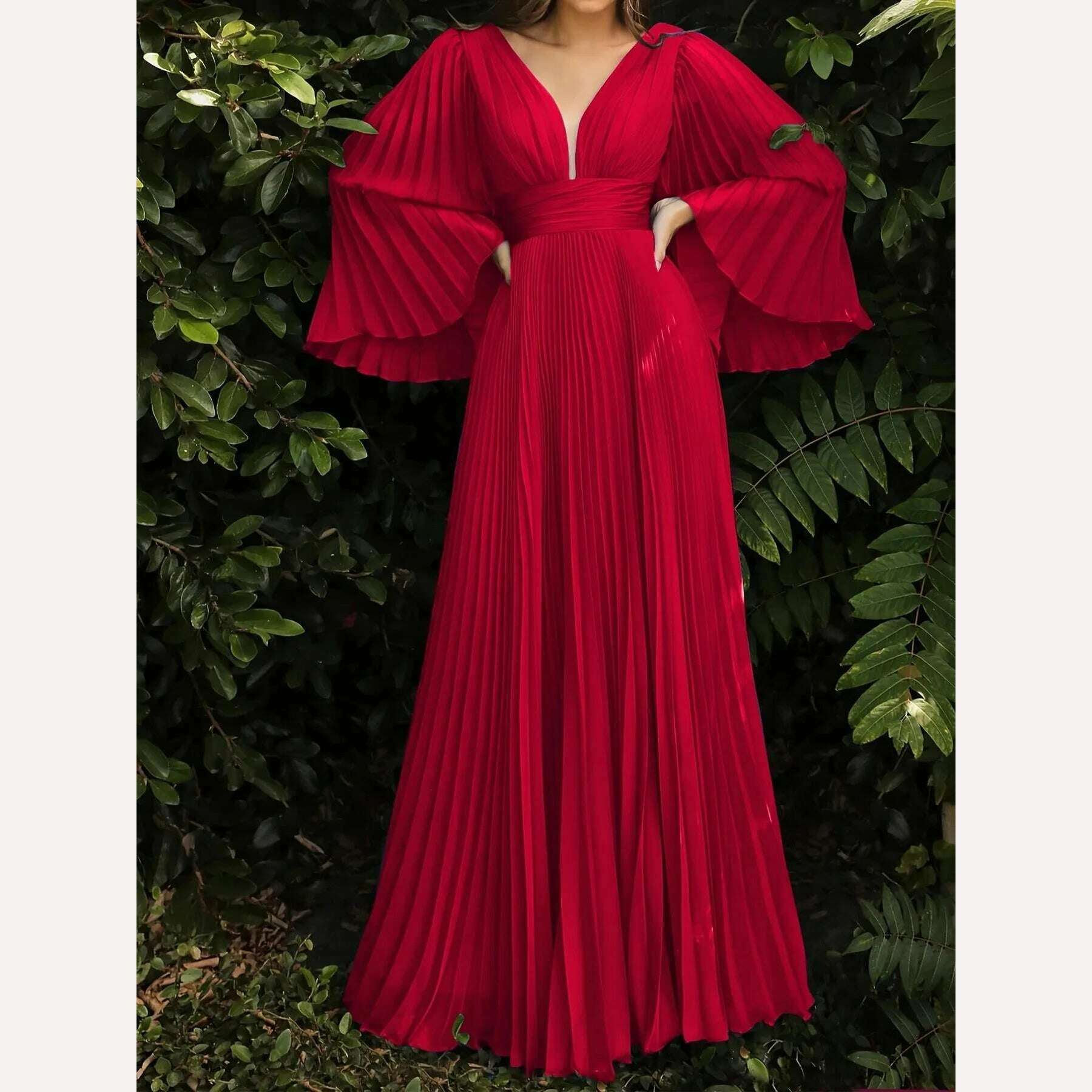 Plus Size Pleated Elegant Dress Female Solid V Neck Clothing Luxury Dinner Evening Long Robe 2024 Spring Women Party Dress - KIMLUD