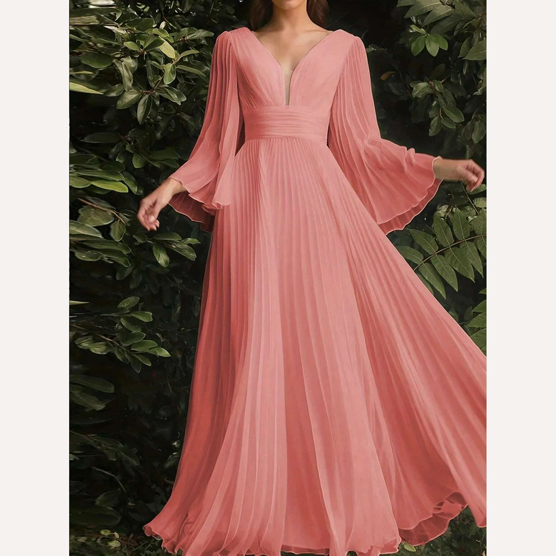 Plus Size Pleated Elegant Dress Female Solid V Neck Clothing Luxury Dinner Evening Long Robe 2024 Spring Women Party Dress - KIMLUD