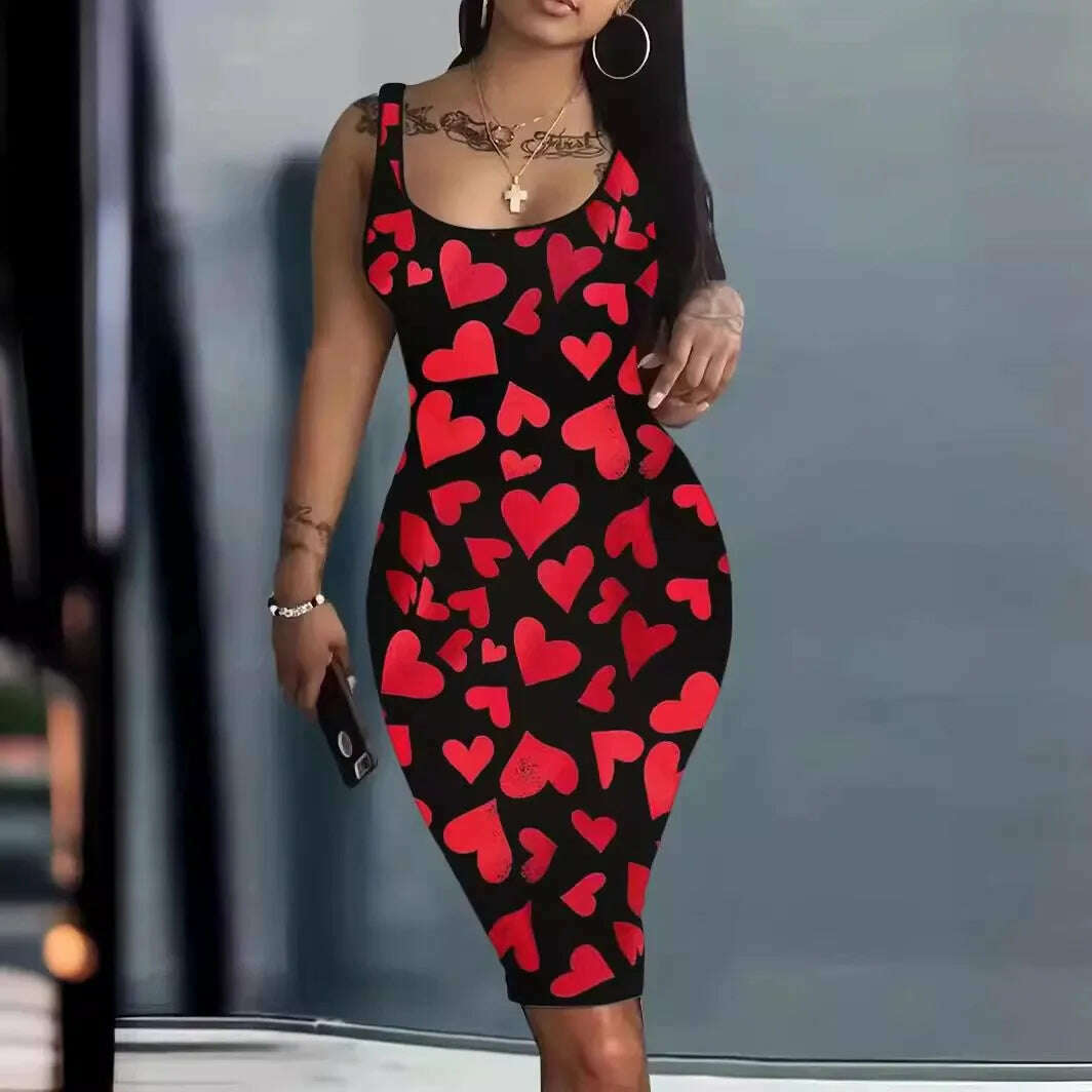 KIMLUD, Plus Size Summer Women's Dresses  Fashion Contrast Heart Print U-Neck Sleeveless Casual Bodycon  Mini Dress, KIMLUD Womens Clothes