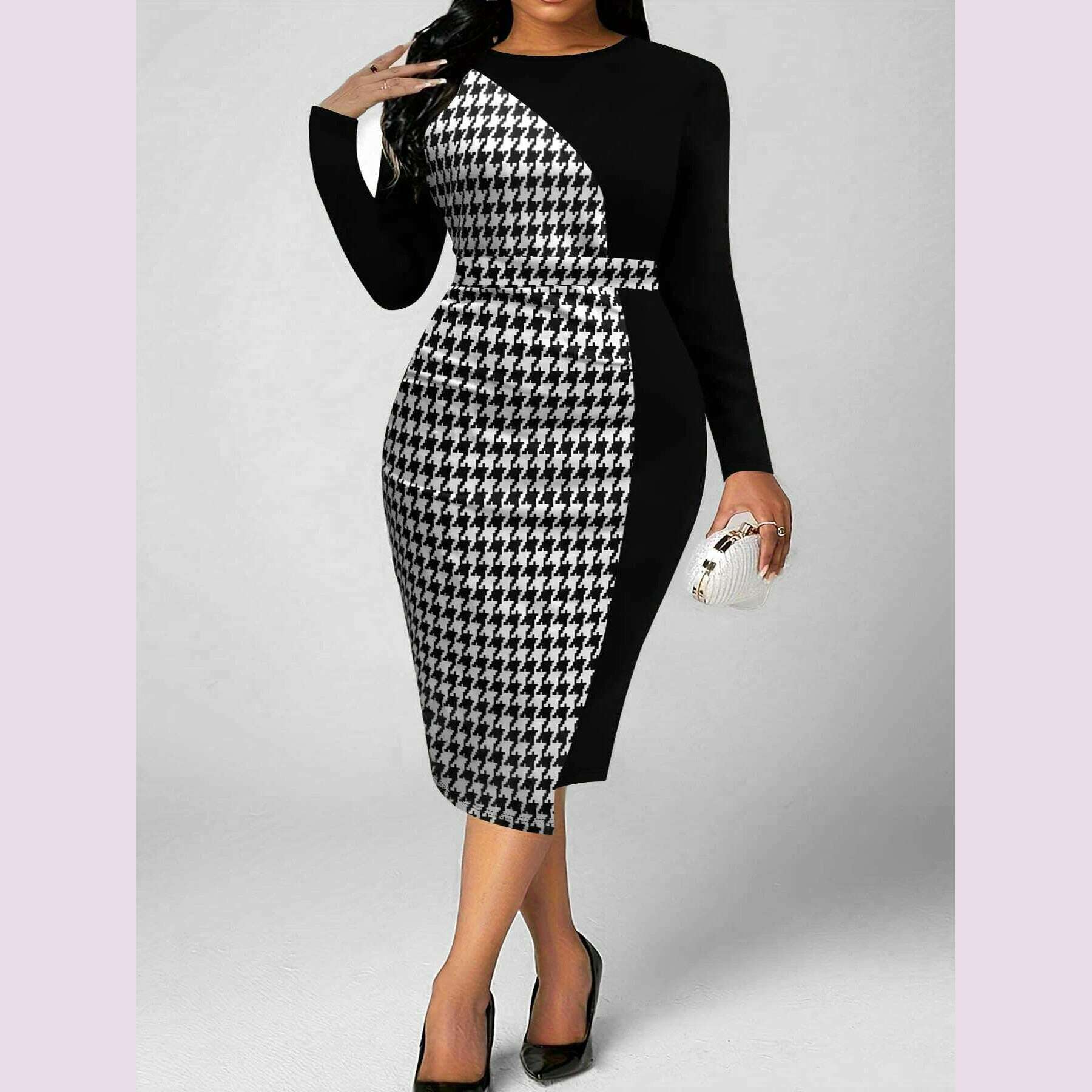 KIMLUD, Plus Size Women's Dress Elegant and Fashion Thousand Birds Grid Printing Splicing Cuffs Long Sleeves Tight Long Dress, KIMLUD Womens Clothes