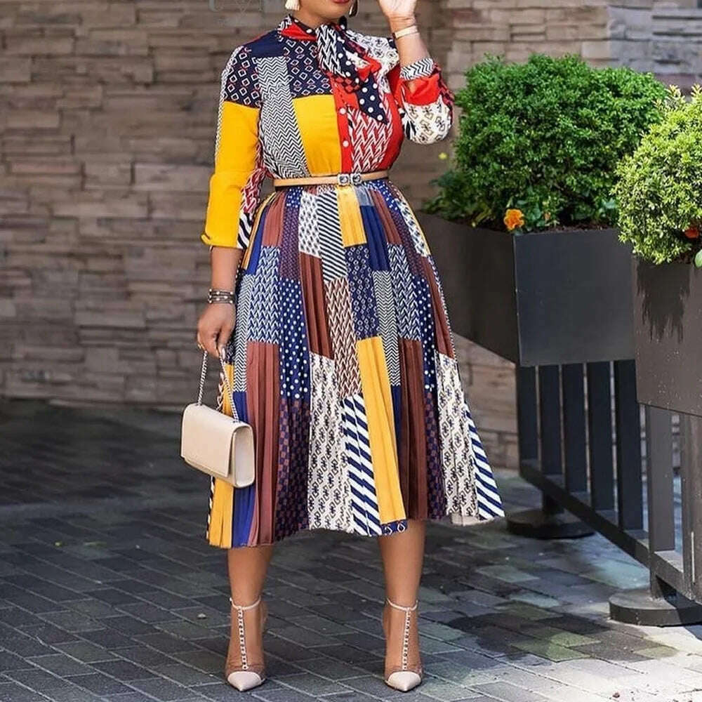 KIMLUD, Plus Size Women's Dress Spring Summer 2023 New Dress Style Printed Bow Neck Temperament 3/4 Sleeve Midlength Dress Women's Dress, KIMLUD Womens Clothes