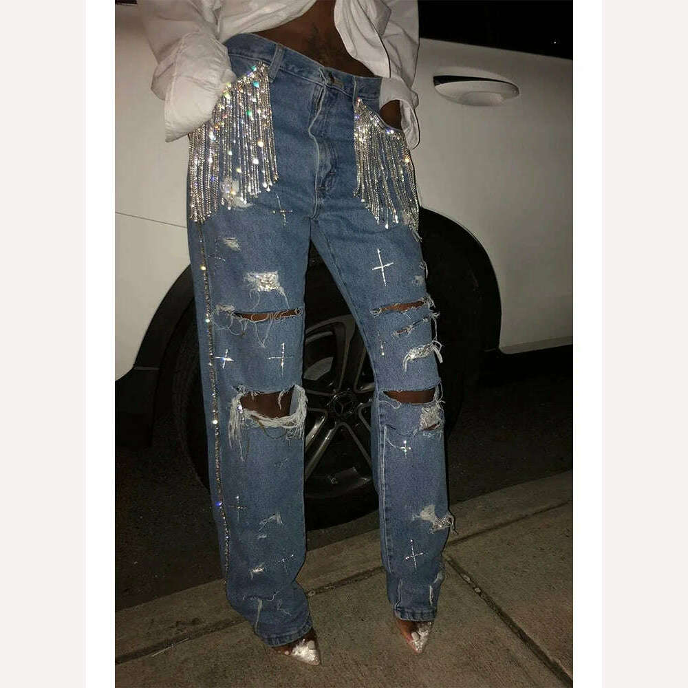 KIMLUD, Plus Size Women'S Jeans Blue Denim Split Shiny Tassels High Waisted Perforated Sexy Women'S Casual Wide Leg Jeans, Blue / XXXL / CHINA, KIMLUD Women's Clothes