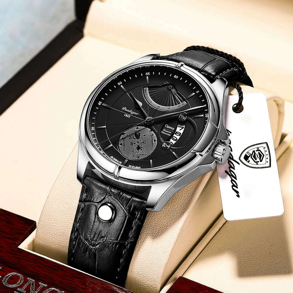 KIMLUD, POEDAGAR Luxury Business Man Wristwatch Waterproof Luminous Date Week Men Watch For Men Quartz Clock Leather Men's Watches reloj, 802 SL BK L, KIMLUD APPAREL - Womens Clothes