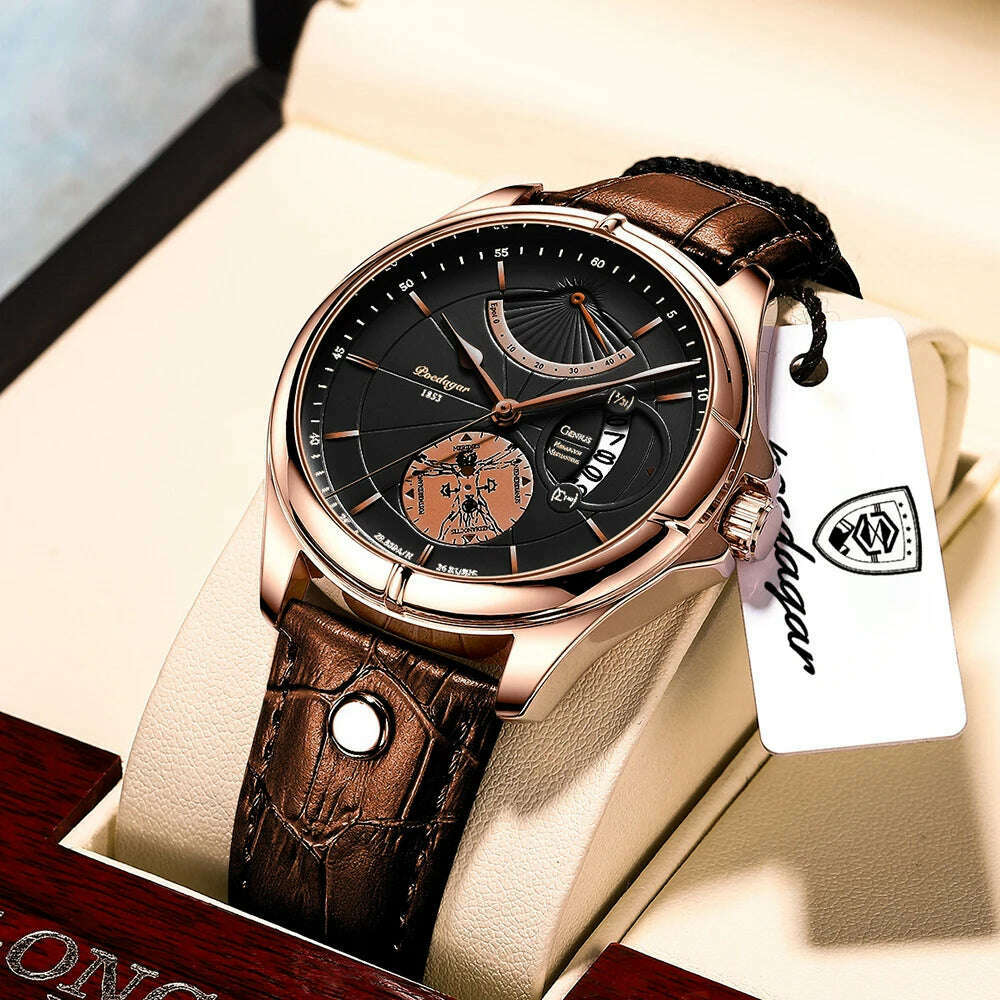 KIMLUD, POEDAGAR Luxury Business Man Wristwatch Waterproof Luminous Date Week Men Watch For Men Quartz Clock Leather Men's Watches reloj, 802 GD BK L, KIMLUD APPAREL - Womens Clothes