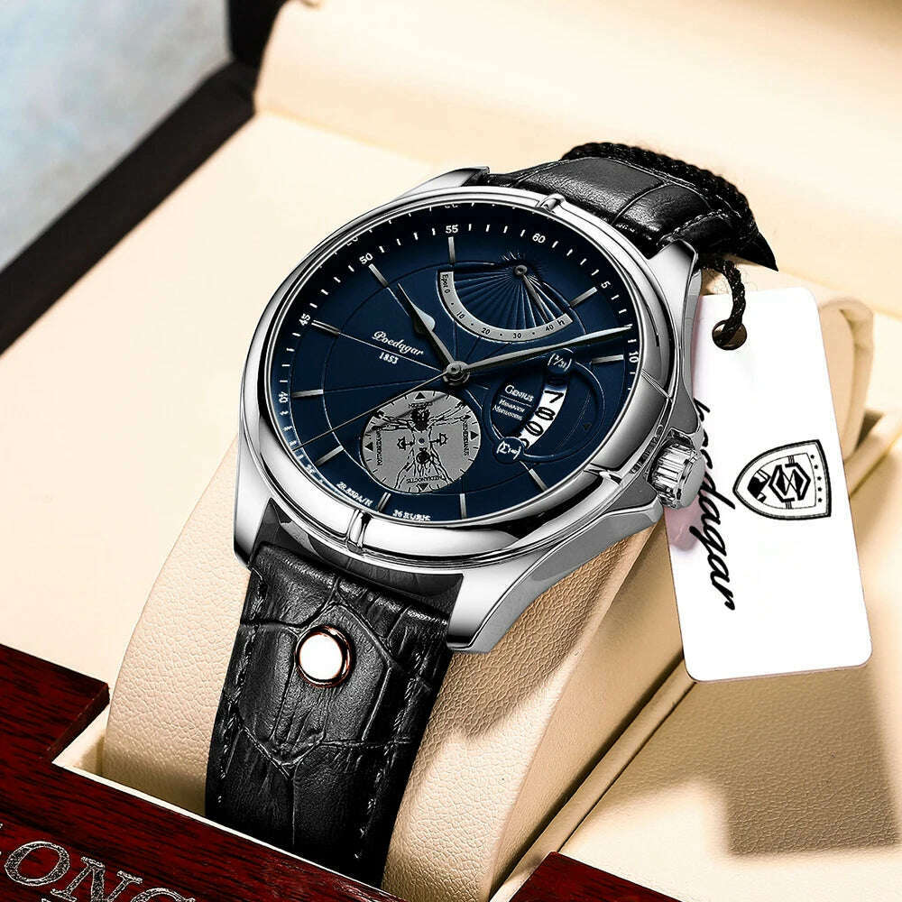 KIMLUD, POEDAGAR Luxury Business Man Wristwatch Waterproof Luminous Date Week Men Watch For Men Quartz Clock Leather Men's Watches reloj, 802 SL BU L, KIMLUD APPAREL - Womens Clothes
