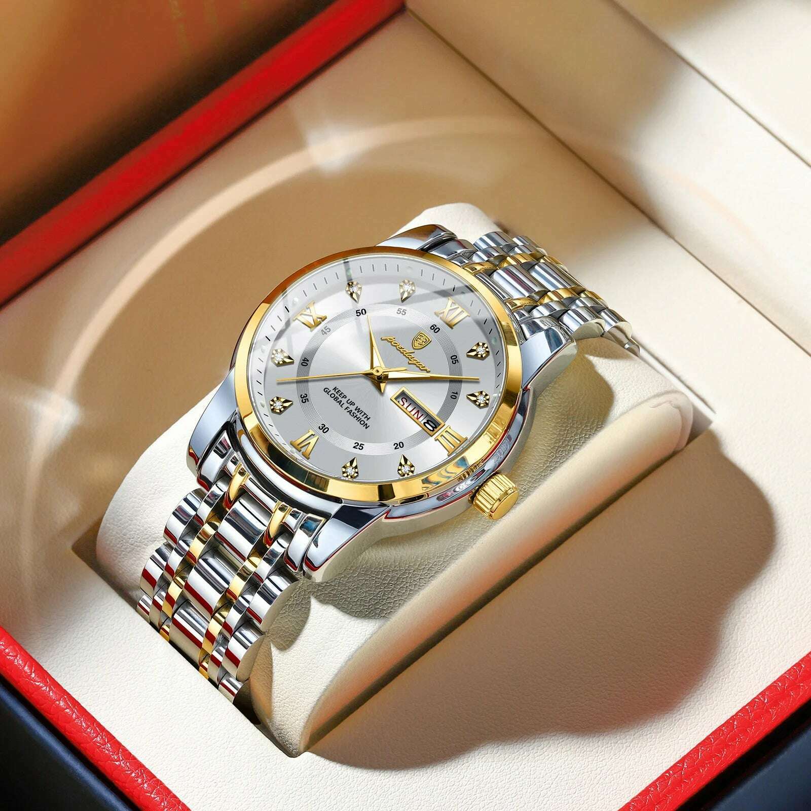 KIMLUD, POEDAGAR Luxury Watch for Man Elegant Date Week Waterproof Luminous Men Watch Quartz Stainless Steel Sports Men's Watches reloj, Gold White, KIMLUD Women's Clothes