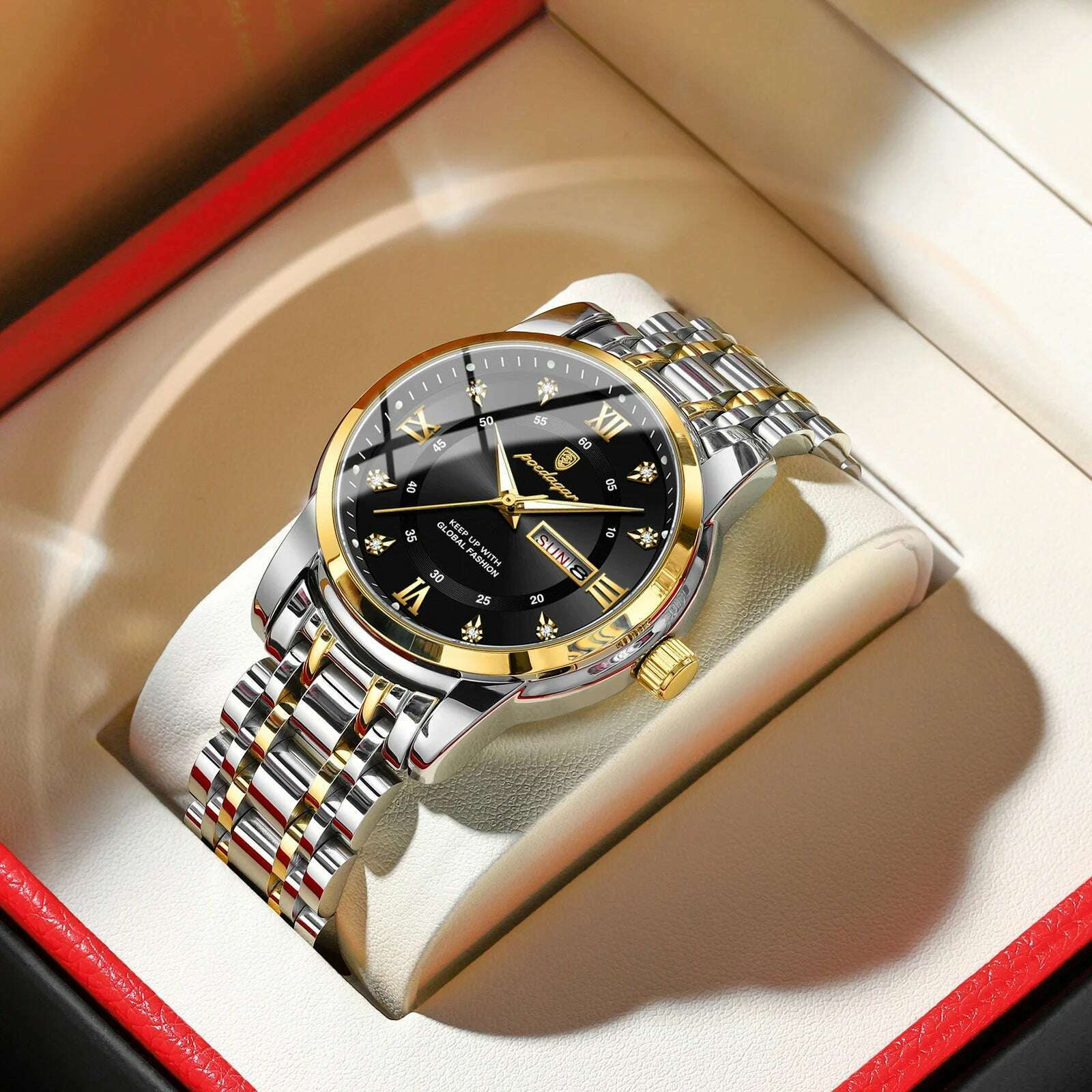 KIMLUD, POEDAGAR Luxury Watch for Man Elegant Date Week Waterproof Luminous Men Watch Quartz Stainless Steel Sports Men's Watches reloj, Gold Black, KIMLUD Women's Clothes