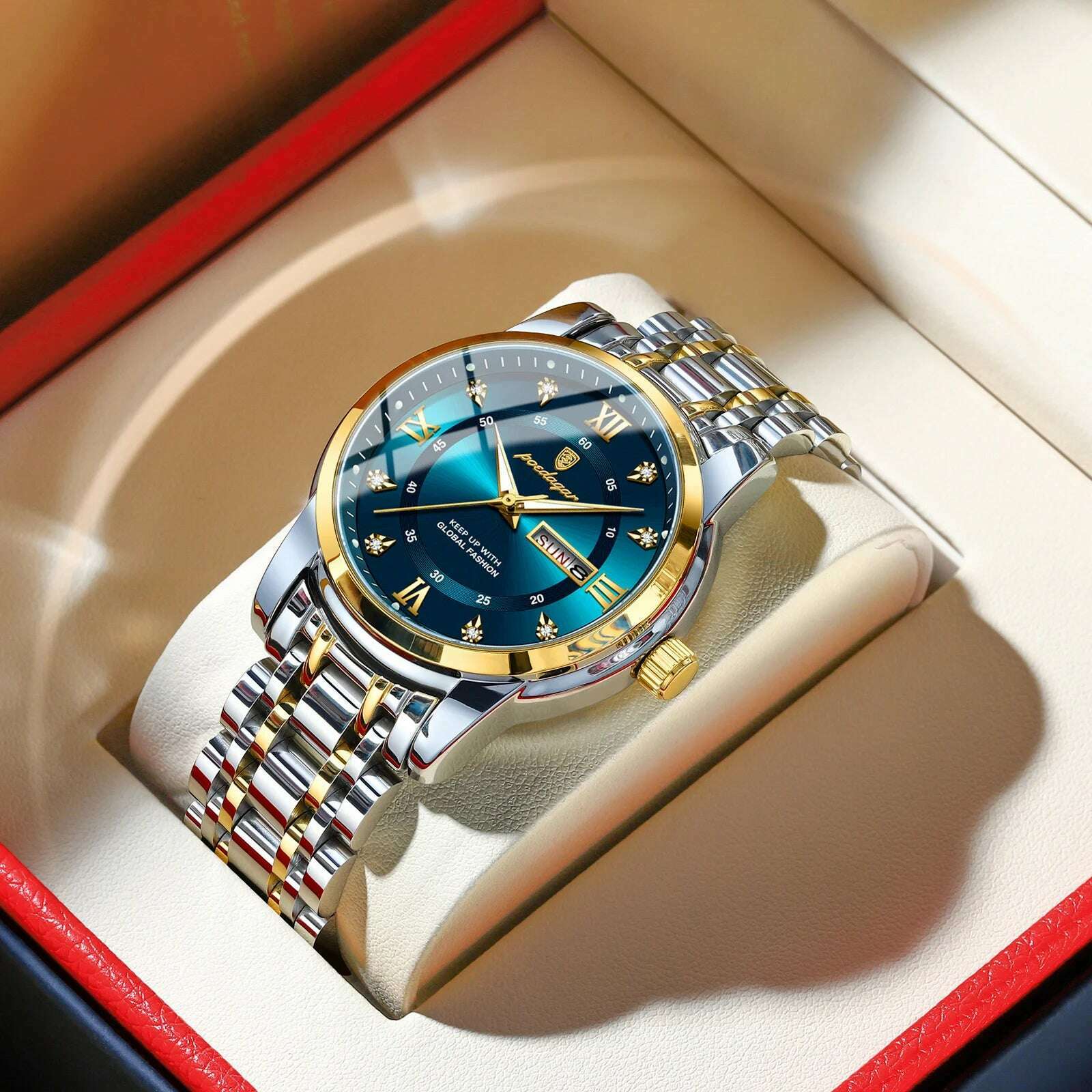 KIMLUD, POEDAGAR Luxury Watch for Man Elegant Date Week Waterproof Luminous Men Watch Quartz Stainless Steel Sports Men's Watches reloj, Gold Blue, KIMLUD Women's Clothes