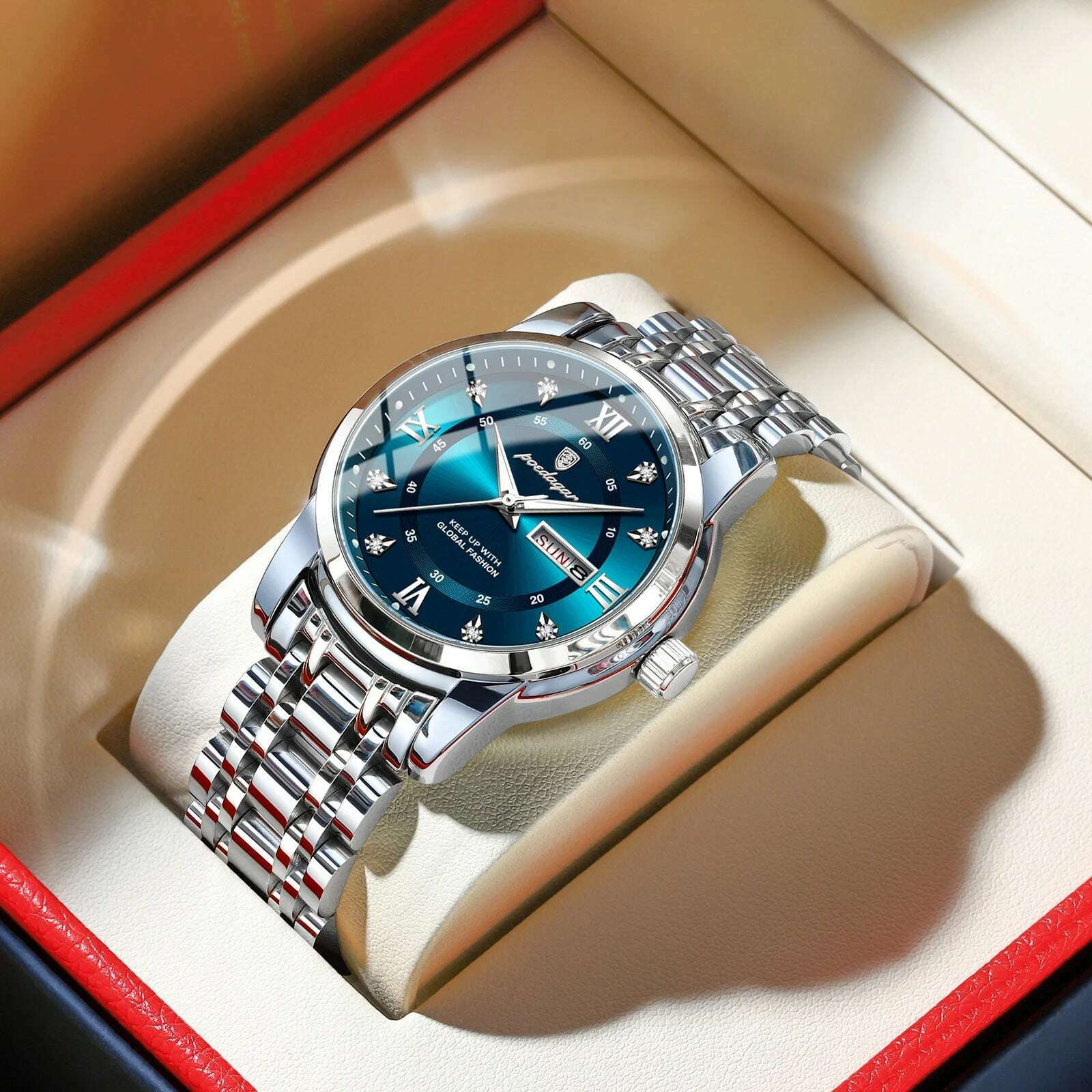 KIMLUD, POEDAGAR Luxury Watch for Man Elegant Date Week Waterproof Luminous Men Watch Quartz Stainless Steel Sports Men's Watches reloj, Silver Blue, KIMLUD Women's Clothes