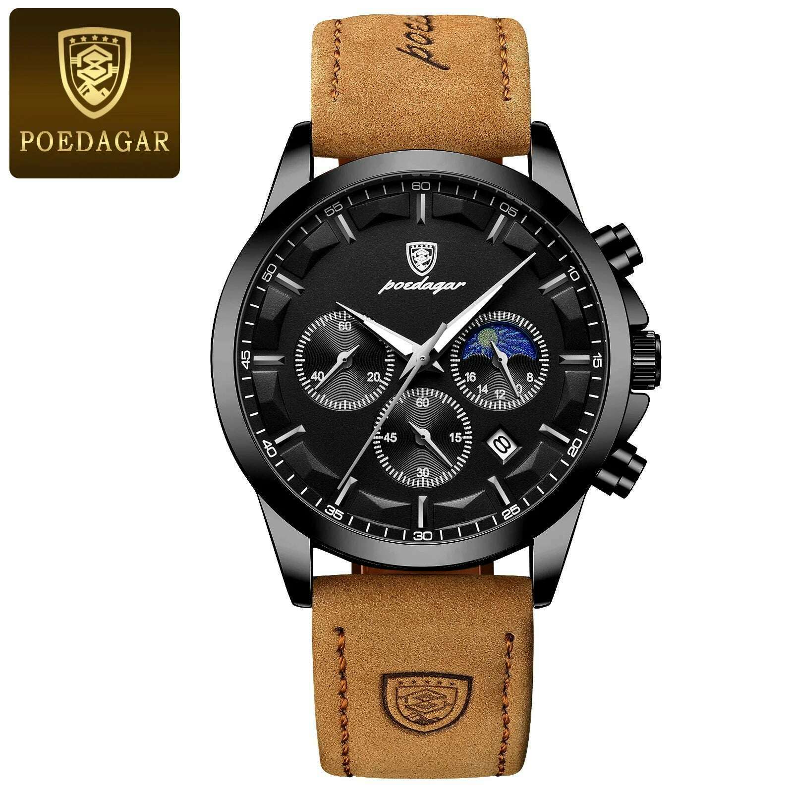 KIMLUD, POEDAGAR Men Quartz Watch Luxury Sports Waterproof Chronograph Luminous Date Man Wristwatch Business Leather Men's Watches Clock, Black Black L / CN, KIMLUD Womens Clothes