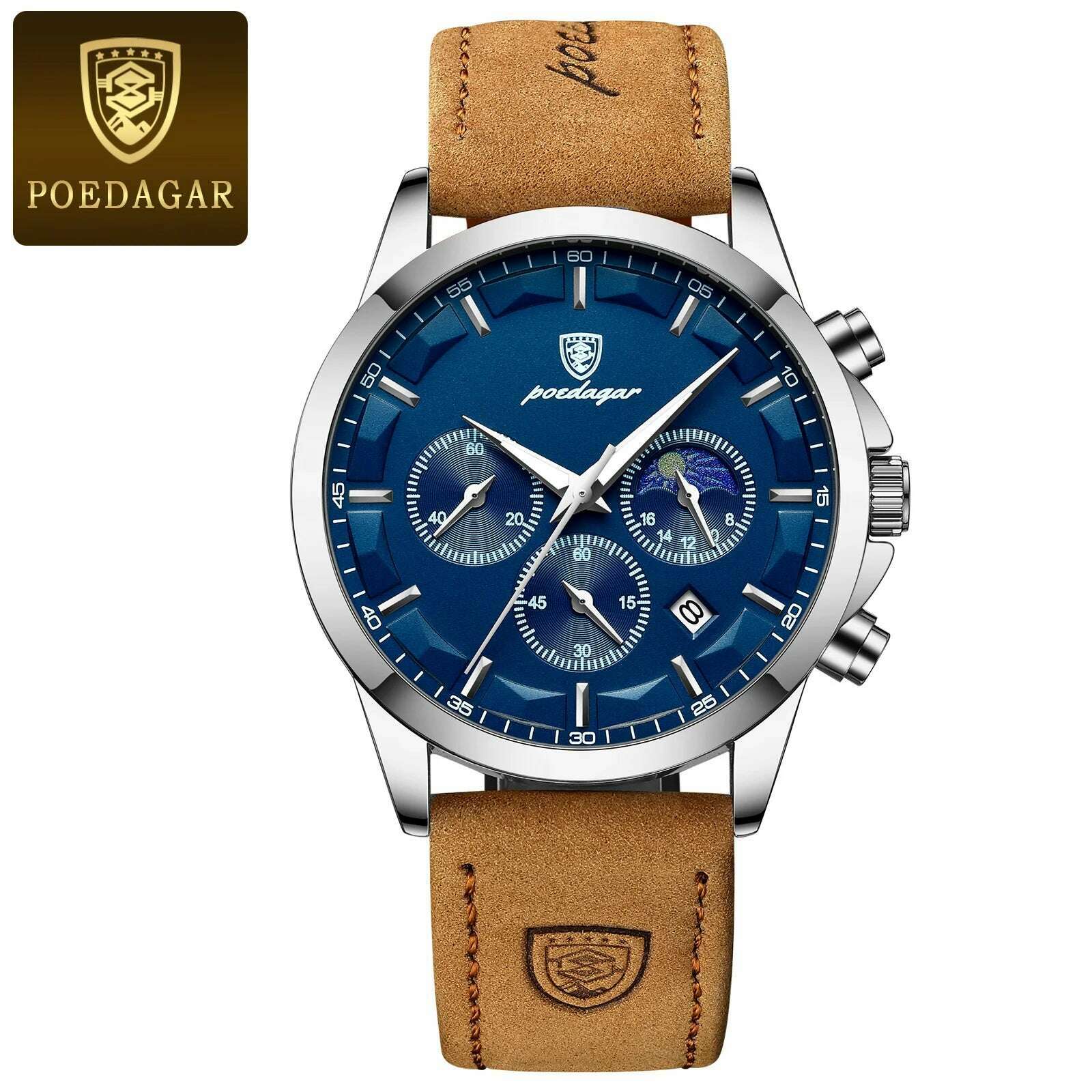 KIMLUD, POEDAGAR Men Quartz Watch Luxury Sports Waterproof Chronograph Luminous Date Man Wristwatch Business Leather Men's Watches Clock, Silver Blue L / CN, KIMLUD Womens Clothes