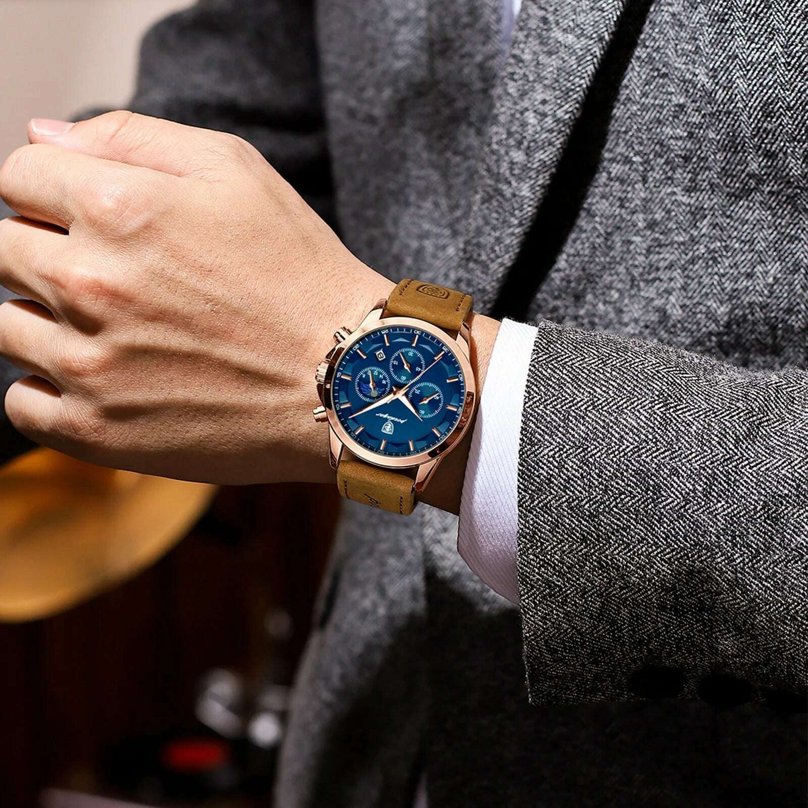 KIMLUD, POEDAGAR Men Quartz Watch Luxury Sports Waterproof Chronograph Luminous Date Man Wristwatch Business Leather Men's Watches Clock, KIMLUD Women's Clothes