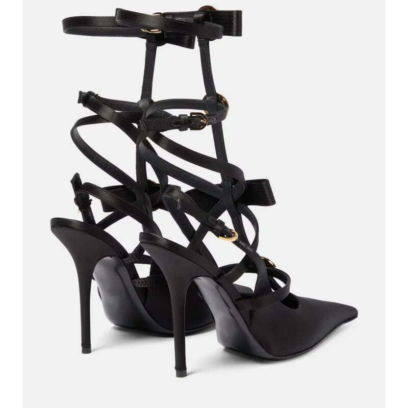 Pointed Bow, Hollowed Out Belt Buckle, Solid Color Sexy Banquet Sandals, Toe Wrapped Thin High Heels, Metal Decorative Sandals - KIMLUD