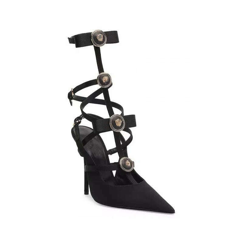 Pointed Bow, Hollowed Out Belt Buckle, Solid Color Sexy Banquet Sandals, Toe Wrapped Thin High Heels, Metal Decorative Sandals - KIMLUD