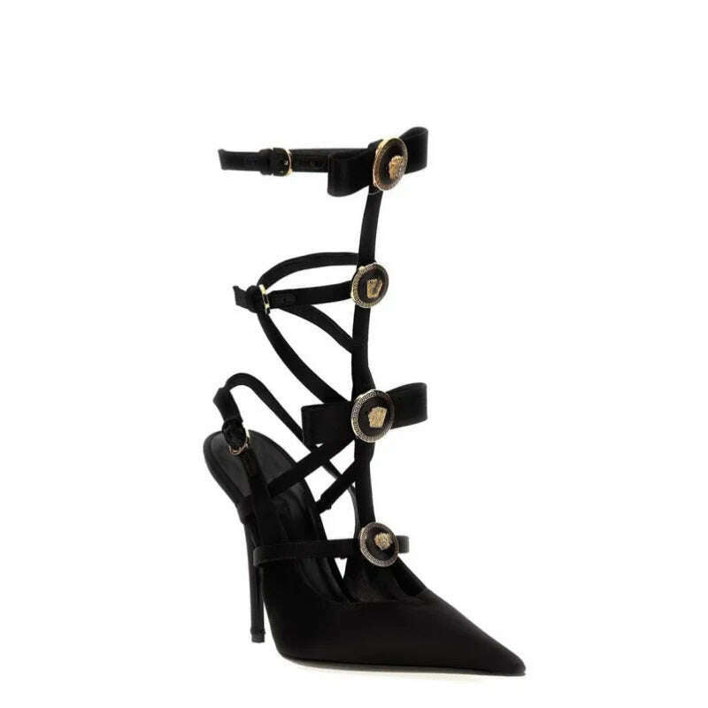 Pointed Bow, Hollowed Out Belt Buckle, Solid Color Sexy Banquet Sandals, Toe Wrapped Thin High Heels, Metal Decorative Sandals - KIMLUD