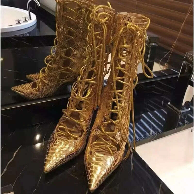 KIMLUD, Pointed hollow gold fashion boots for autumn and winter 2024, new style with zip ties, high and thin heels, spicy cool boots, golden / 35, KIMLUD Women's Clothes