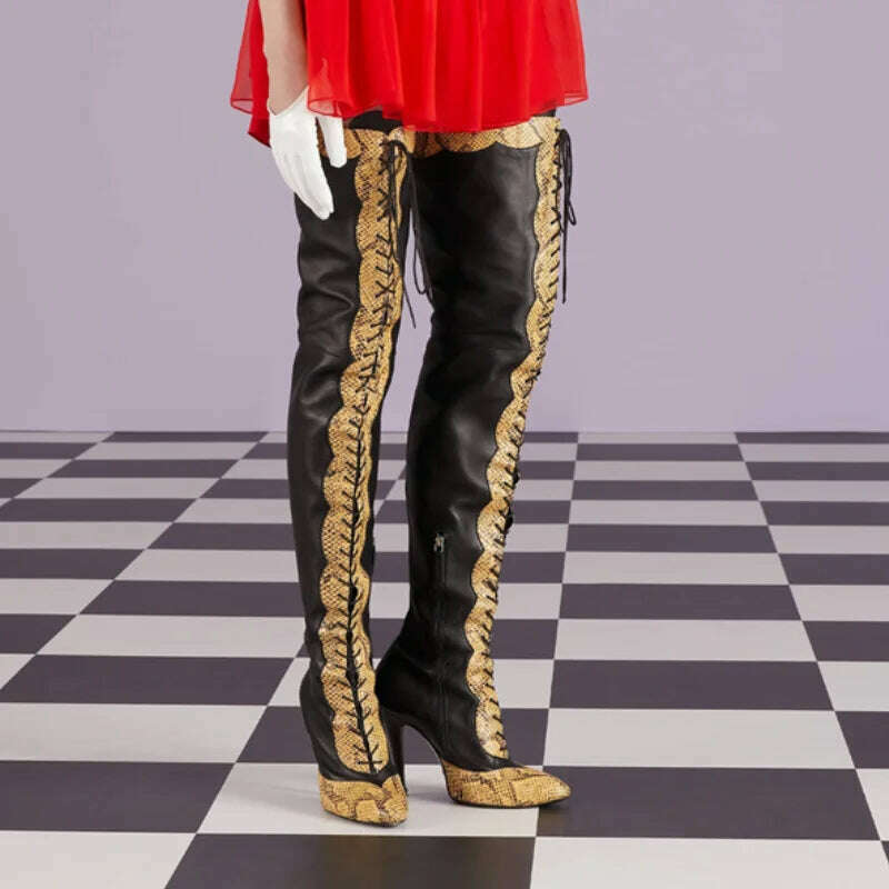 Pointed Toe Lace Up Over The Knee Boots Stiletto Heels Front Cross Straps Sexy Elegance Women Party Dress Walk Show Shoes Winter - KIMLUD