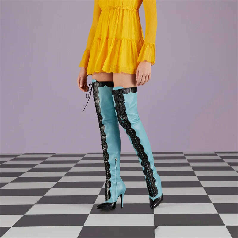 Pointed Toe Lace Up Over The Knee Boots Stiletto Heels Front Cross Straps Sexy Elegance Women Party Dress Walk Show Shoes Winter - KIMLUD