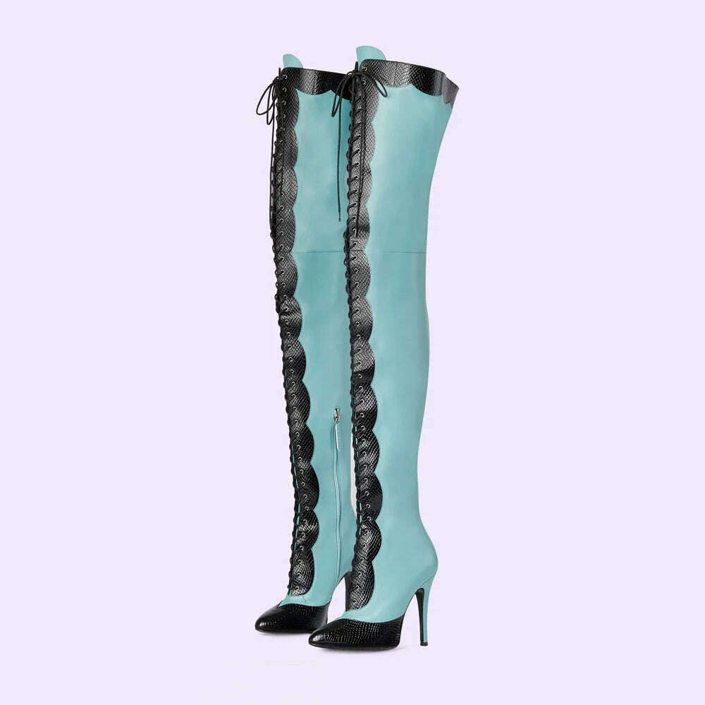 Pointed Toe Lace Up Over The Knee Boots Stiletto Heels Front Cross Straps Sexy Elegance Women Party Dress Walk Show Shoes Winter - KIMLUD
