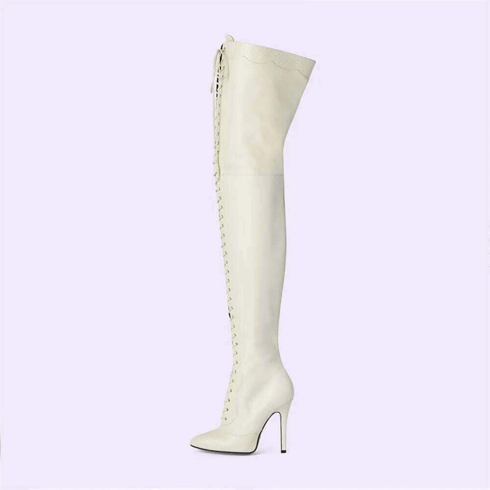 Pointed Toe Lace Up Over The Knee Boots Stiletto Heels Front Cross Straps Sexy Elegance Women Party Dress Walk Show Shoes Winter - KIMLUD