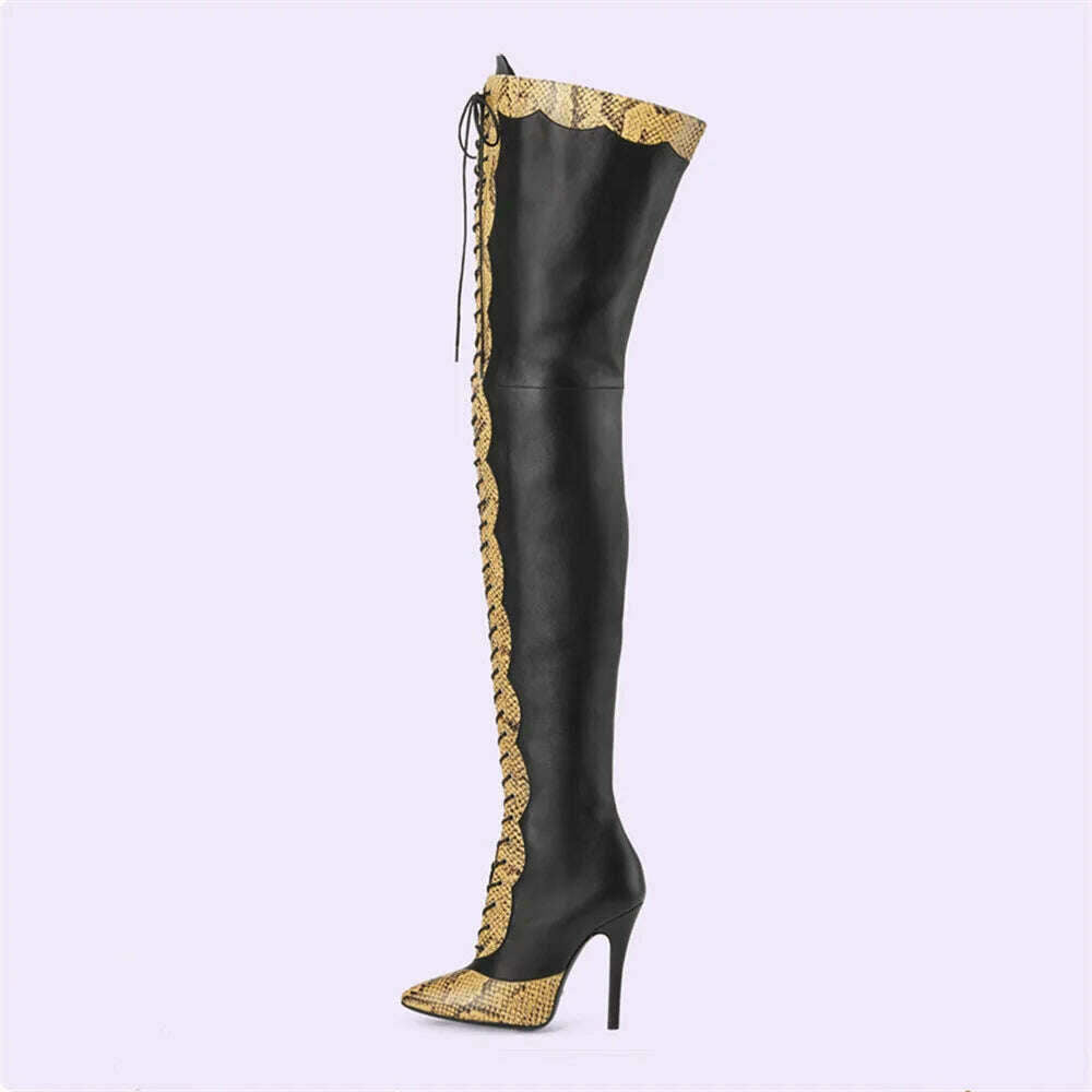 Pointed Toe Lace Up Over The Knee Boots Stiletto Heels Front Cross Straps Sexy Elegance Women Party Dress Walk Show Shoes Winter - KIMLUD