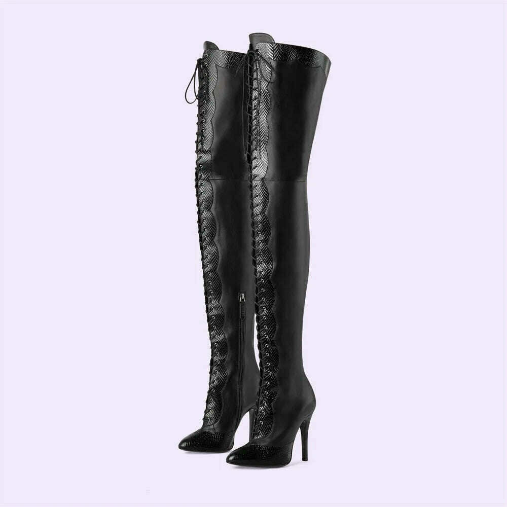 Pointed Toe Lace Up Over The Knee Boots Stiletto Heels Front Cross Straps Sexy Elegance Women Party Dress Walk Show Shoes Winter - KIMLUD