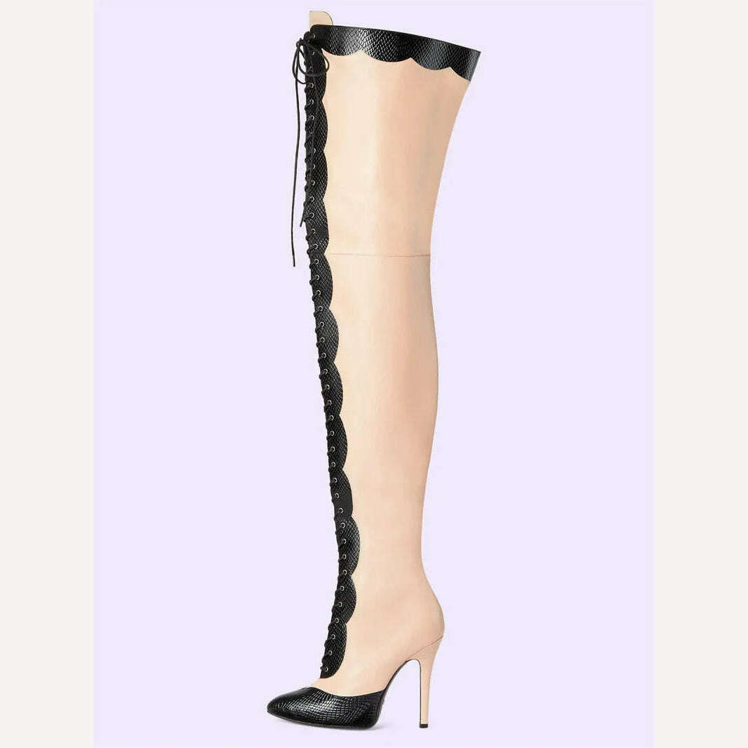 Pointed Toe Lace Up Over The Knee Boots Stiletto Heels Front Cross Straps Sexy Elegance Women Party Dress Walk Show Shoes Winter - KIMLUD