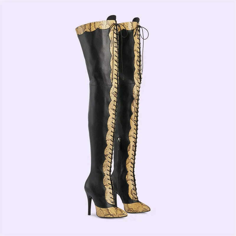 Pointed Toe Lace Up Over The Knee Boots Stiletto Heels Front Cross Straps Sexy Elegance Women Party Dress Walk Show Shoes Winter - KIMLUD