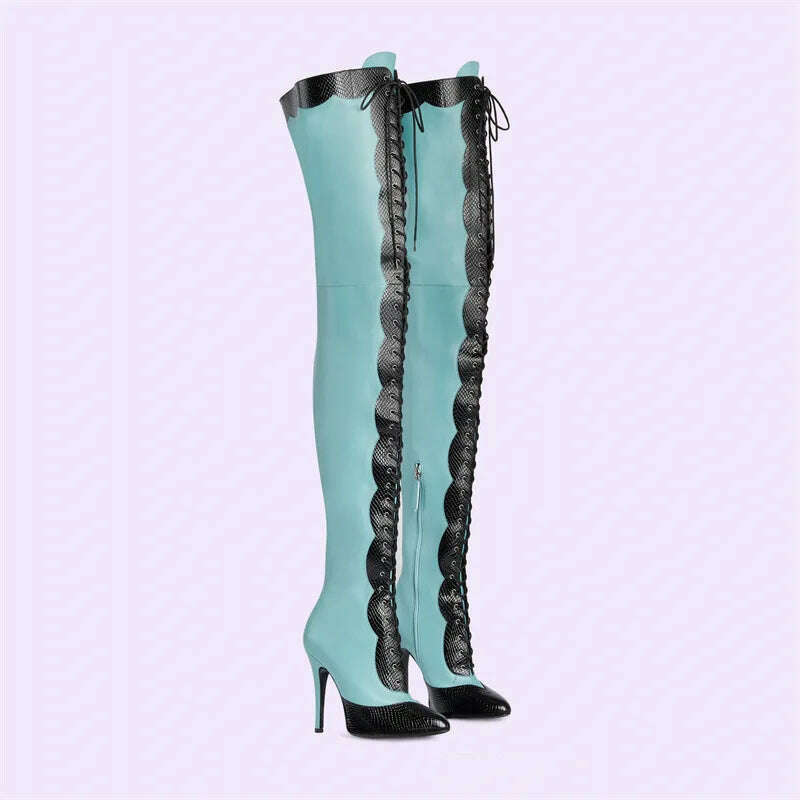 Pointed Toe Lace Up Over The Knee Boots Stiletto Heels Front Cross Straps Sexy Elegance Women Party Dress Walk Show Shoes Winter - KIMLUD