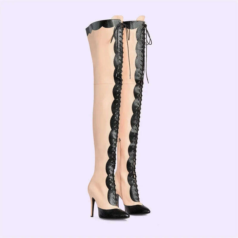 KIMLUD, Pointed Toe Lace Up Over The Knee Boots Stiletto Heels Front Cross Straps Sexy Elegance Women Party Dress Walk Show Shoes Winter, KIMLUD Womens Clothes