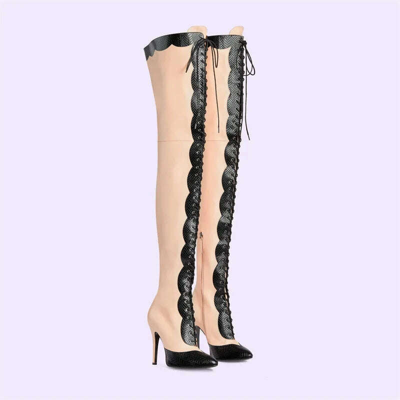 Pointed Toe Lace Up Over The Knee Boots Stiletto Heels Front Cross Straps Sexy Elegance Women Party Dress Walk Show Shoes Winter - KIMLUD
