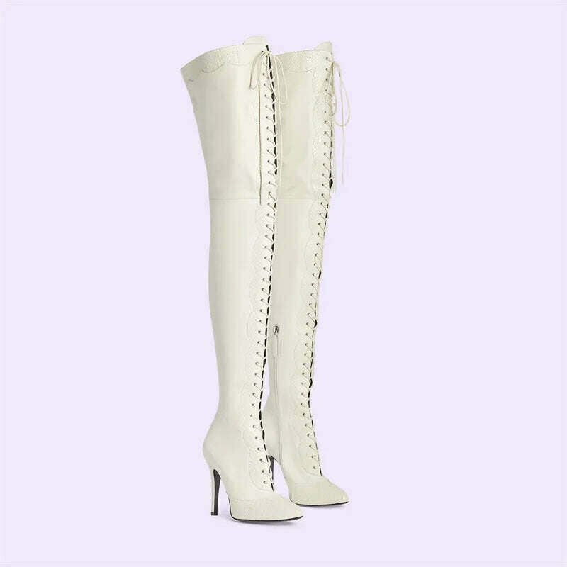 Pointed Toe Lace Up Over The Knee Boots Stiletto Heels Front Cross Straps Sexy Elegance Women Party Dress Walk Show Shoes Winter - KIMLUD