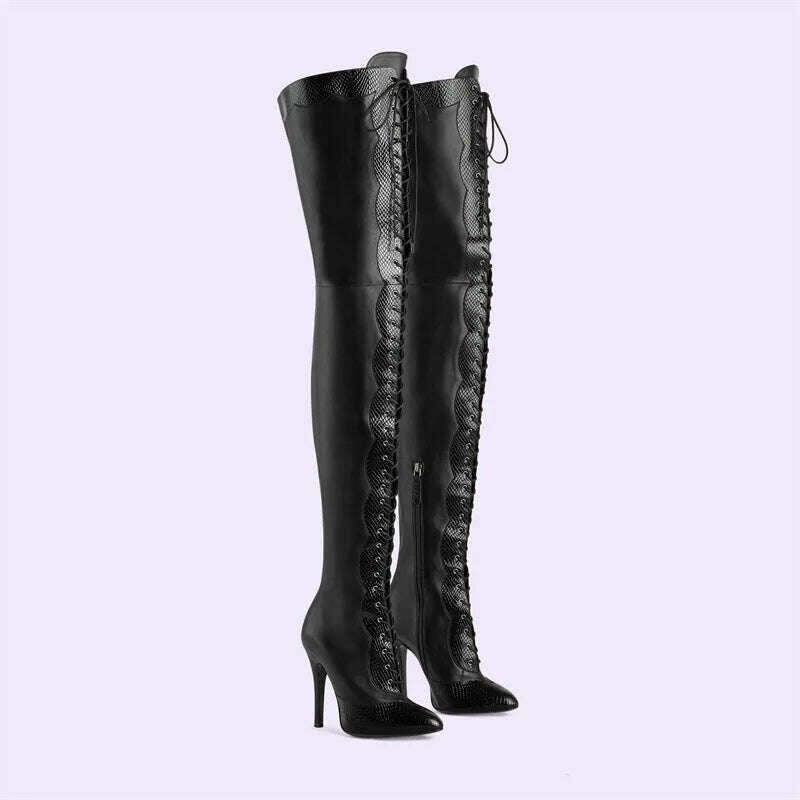 KIMLUD, Pointed Toe Lace Up Over The Knee Boots Stiletto Heels Front Cross Straps Sexy Elegance Women Party Dress Walk Show Shoes Winter, KIMLUD Womens Clothes