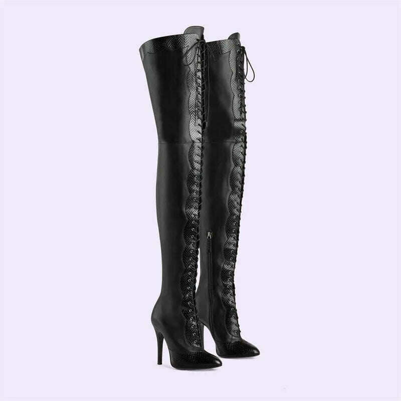 Pointed Toe Lace Up Over The Knee Boots Stiletto Heels Front Cross Straps Sexy Elegance Women Party Dress Walk Show Shoes Winter - KIMLUD