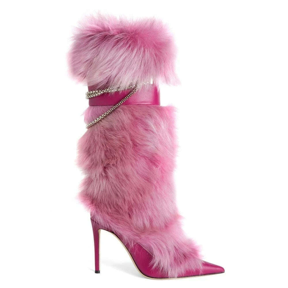 KIMLUD, Pointy Toe Knee High Fuchsia Chain Fur Boots Sexy Luxury Women Leather Thin High Heel Buckle Booties Fashion Pink Ladies Shoes, KIMLUD Womens Clothes