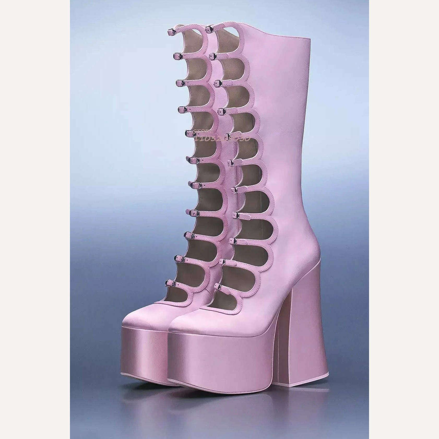 KIMLUD, Pole Girls Bright Black Leather Pink Satin Platform Buckle Boots Sexy Hollow Chunky Heel Bling Purple Straps Elegant Zipper Shoe, as picture / 35 / CHINA, KIMLUD Womens Clothes