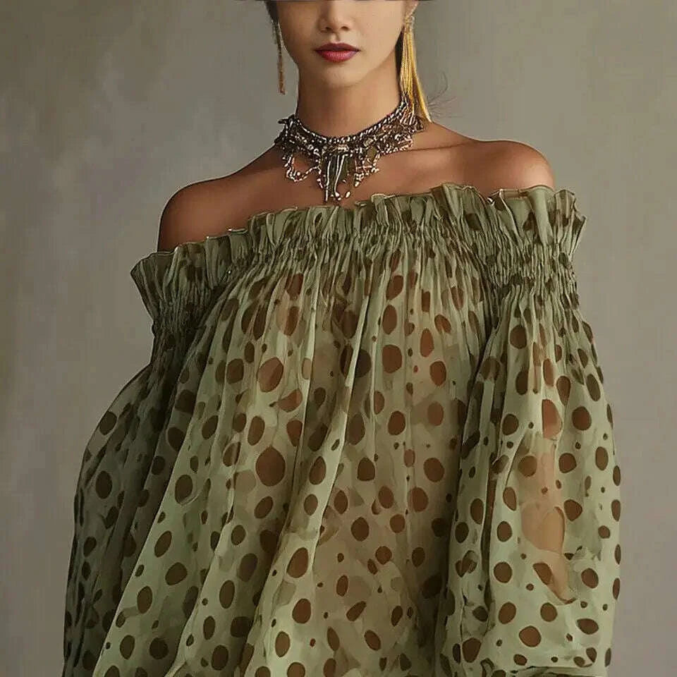 Polyester Off-Shoulder Puff Sleeve Mini Dress Olive Polka Dot | KIMLUD