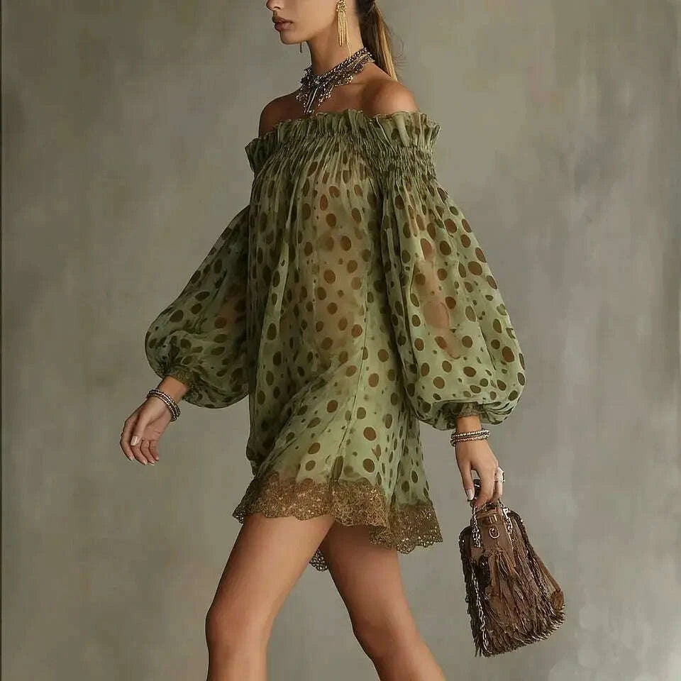 Polyester Off-Shoulder Puff Sleeve Mini Dress Olive Polka Dot | KIMLUD