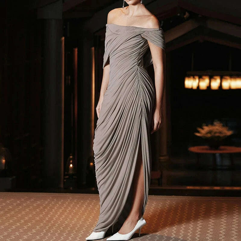 Polyester Solid One-Shoulder Maxi Dress - Black | KIMLUD