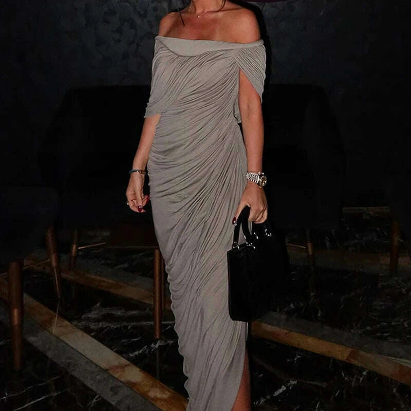 Polyester Solid One-Shoulder Maxi Dress - Black | KIMLUD