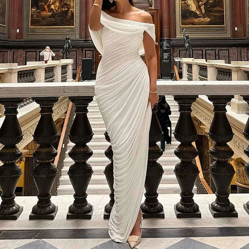 Polyester Solid One-Shoulder Maxi Dress - Black | KIMLUD